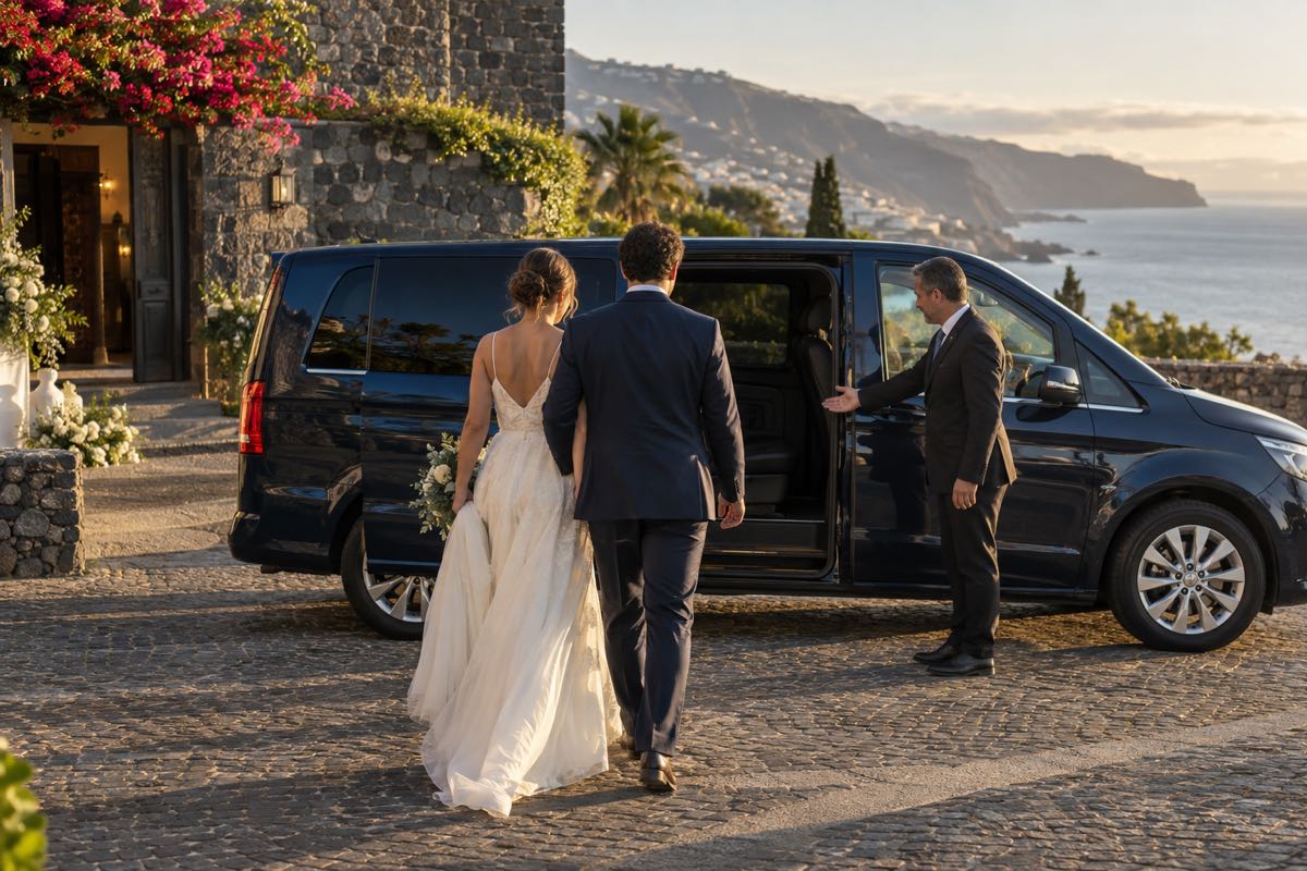 Newlyweds entering a private vehicle beside an event venue in Madeira.